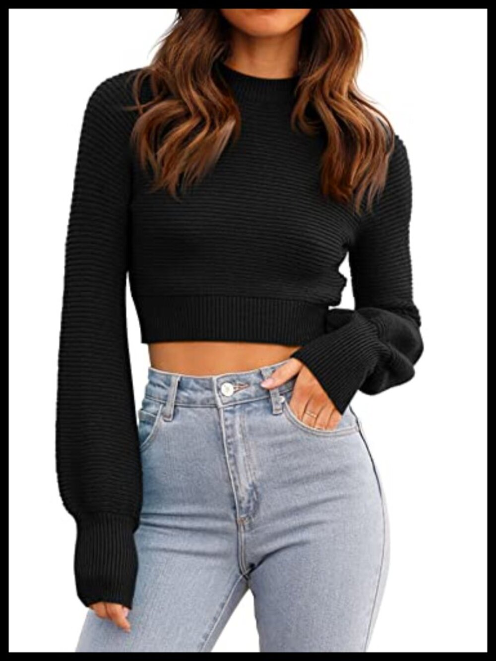 Womens Ribbed Knit Cropped Sweater Crew Neck Long Sleeve Pullover